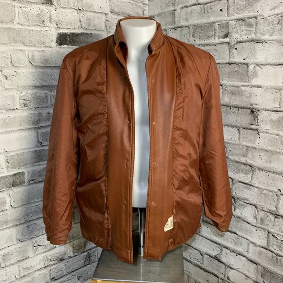 Vintage 70s Camel Faux Leather Shirt Jacket Retro Disco Collar Coat Shacket - Picture 8 of 13